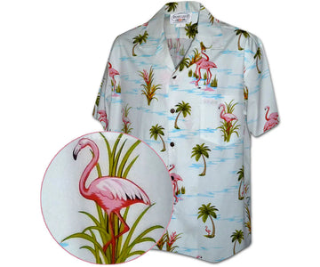 Uni Ferocious Flamingo White Hawaiian Shirt Aloha Shirt Short Sleeve Shirt Vacation Hawaiian Outdoor Vacation Hawaiian Shirt