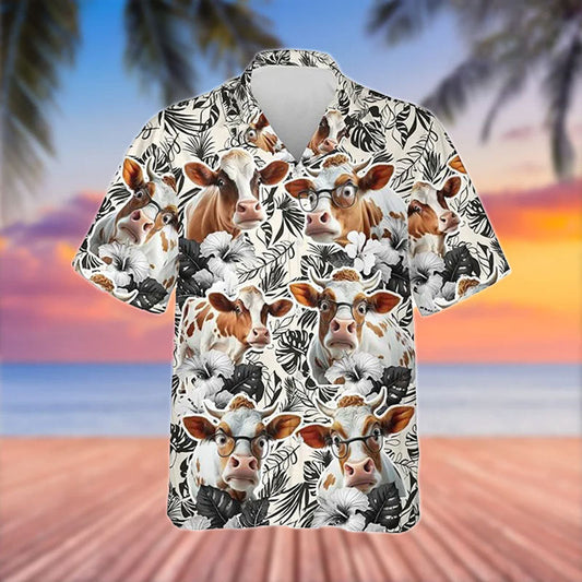 Uni Shorthorn Black White Flowers Pattern 3D Hawaiian Shirt