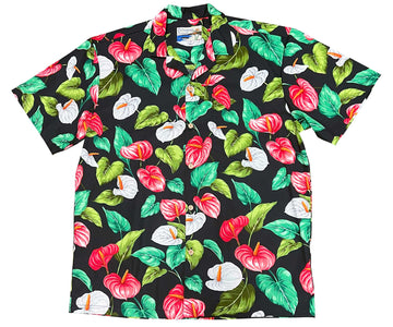 Uni Anthurium Garden Black Hawaiian Shirt Aloha Shirt Short Sleeve Shirt Vacation Hawaiian Outdoor Vacation Hawaiian Shirt