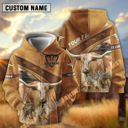 Uni Personalized Name Farm Texas Longhorn Cattle Hoodie