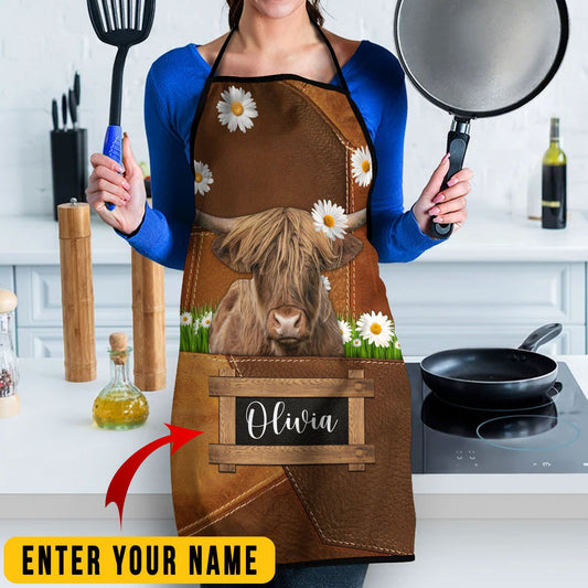 Uni Personalized Name Highland Cattle All Over Printed 3D Apron