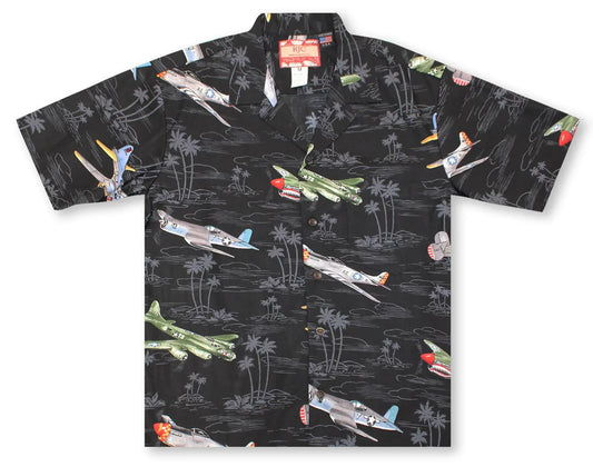 Uni Flight Over Paradise Black   Aloha Shirt Short Sleeve Shirt Vacation Hawaiian Outdoor Vacation