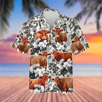 Uni Red Angus Black White Flowers Pattern 3D Hawaiian Shirt