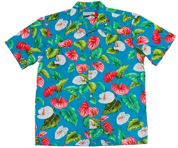 Uni Anthurium Garden Turquoise Hawaiian Shirt Aloha Shirt Short Sleeve Shirt Vacation Hawaiian Outdoor Vacation Hawaiian Shirt