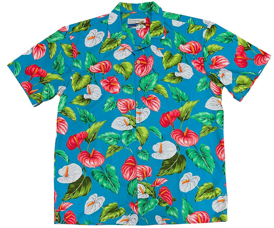 Uni Anthurium Garden Turquoise Hawaiian Shirt Aloha Shirt Short Sleeve Shirt Vacation Hawaiian Outdoor Vacation Hawaiian Shirt