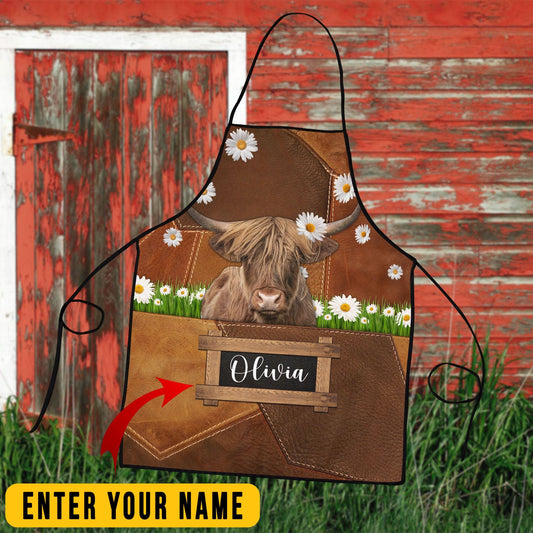 Uni Personalized Name Highland Cattle All Over Printed 3D Apron