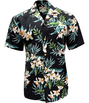 Uni Ginger Orchid Black Hawaiian Shirt Aloha Shirt Short Sleeve Shirt Vacation Hawaiian Outdoor Vacation Hawaiian Shirt