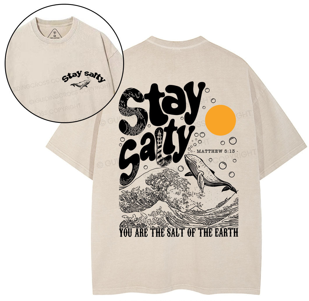 Stay Salty Ocean Waves Christian Washed T-Shirt Sale - GuidingCross