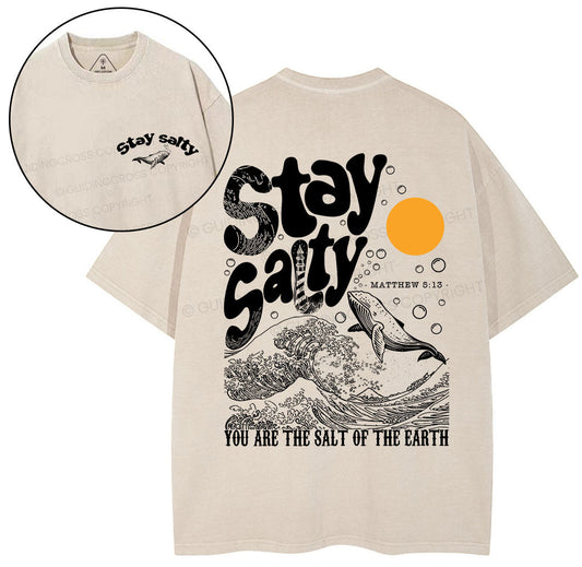 Stay Salty Ocean Waves Christian Washed T-Shirt Sale - GuidingCross