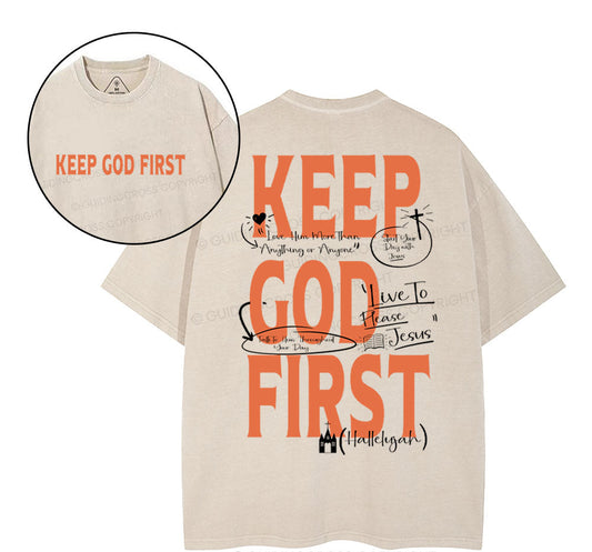 Keep God First Christian Washed T-Shirt Sale - GuidingCross