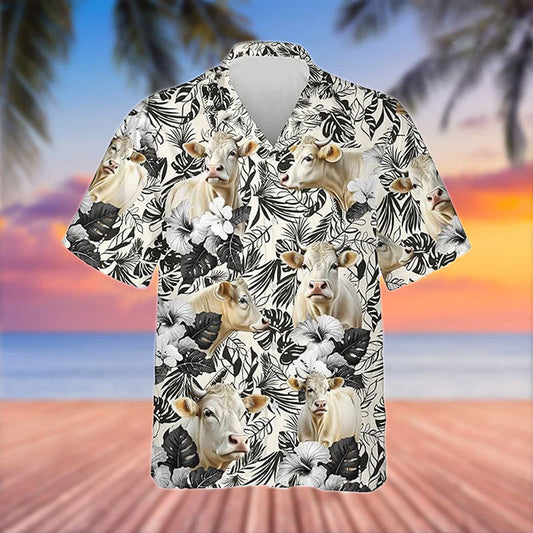 Uni Charolais Black White Flowers Pattern 3D Hawaiian Shirt