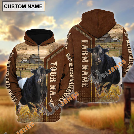 Uni Belted Galloway Personalized Name, Farm Name 3D Hoodie