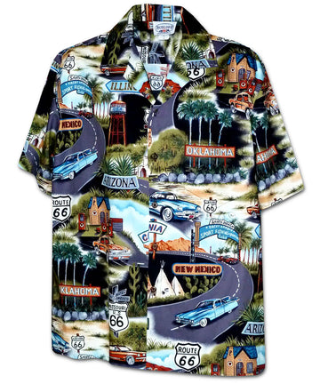 Uni Historic Route 66 Black Hawaiian Shirt Aloha Shirt Short Sleeve Shirt Vacation Hawaiian Outdoor Vacation Hawaiian Shirt