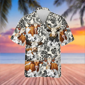 Uni Texas Longhorn Black White Flowers Pattern 3D Hawaiian Shirt