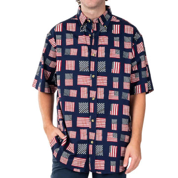 UniJames Men's Flag Print Button Down Short Sleeve Shirt