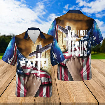 UniJames All I Need Is Jesus American Flag Cross Hawaiian Shirts - Religious Hawaiian Shirts - Hawaiian Christian For Men Women
