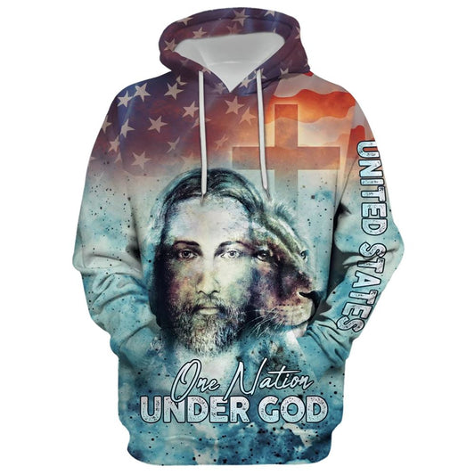 Uni America One Nation Under God Hoodie, Jesus Christ Lion Of Judah American Flag Hoodie For Men & Women, Christian 3D Printed Hoodie