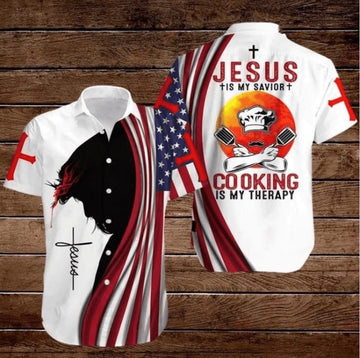 UniJames American Flags Cross Jesus Is My Savior Cooking Is My Therapy Hawaiian Shirt - Christian Hawaiian Shirts For Men & Women