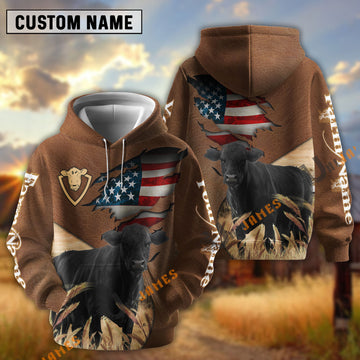 UniJames American Flag Leather Pattern Black Angus Cattle Personalized Name And Farm Name 3D Hoodie