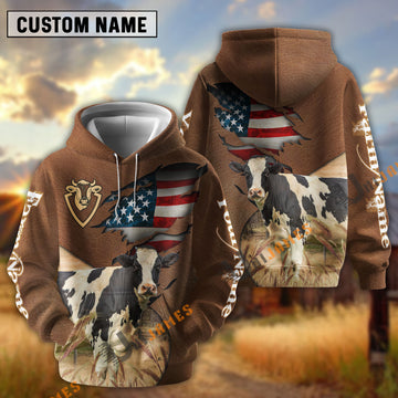 UniJames American Flag Leather Pattern Holstein Cattle Personalized Name And Farm Name 3D Hoodie