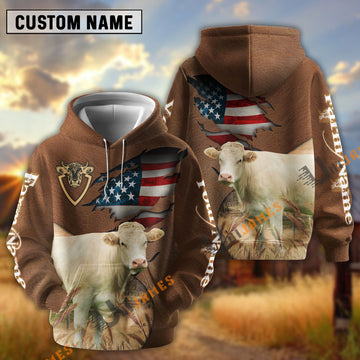 UniJames American Flag Leather Pattern Charolais Cattle Personalized Name And Farm Name 3D Hoodie