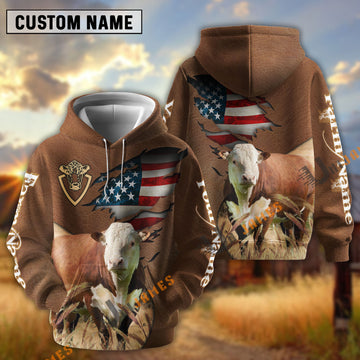 UniJames American Flag Leather Pattern Hereford Cattle Personalized Name And Farm Name 3D Hoodie