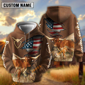 UniJames American Flag Leather Pattern Texas Longhorn Cattle Personalized Name And Farm Name 3D Hoodie