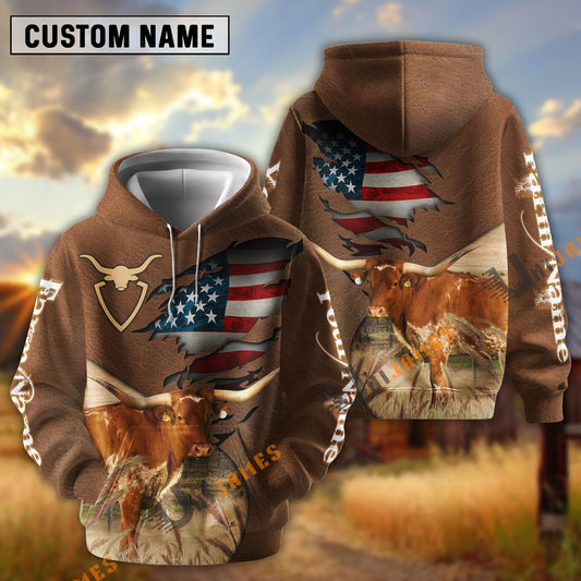 UniJames American Flag Leather Pattern Texas Longhorn Cattle Personalized Name And Farm Name 3D Hoodie