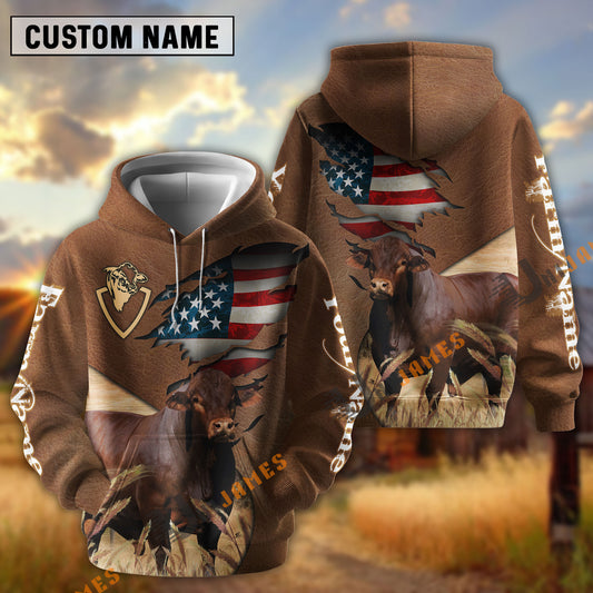 UniJames American Flag Leather Pattern Beefmaster Cattle Personalized Name And Farm Name 3D Hoodie