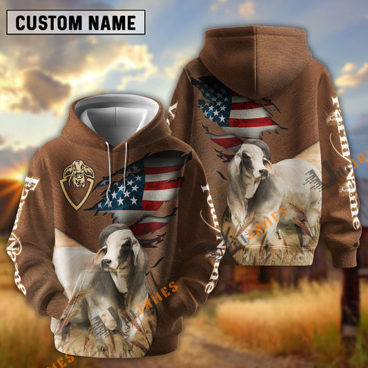 UniJames American Flag Leather Pattern Brahman Cattle Personalized Name And Farm Name 3D Hoodie