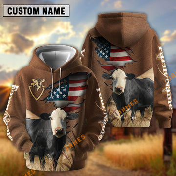 UniJames American Flag Leather Pattern Black Baldy Cattle Personalized Name And Farm Name 3D Hoodie