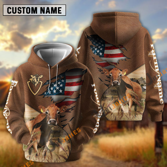 UniJames American Flag Leather Pattern Jersey Cattle Personalized Name And Farm Name 3D Hoodie