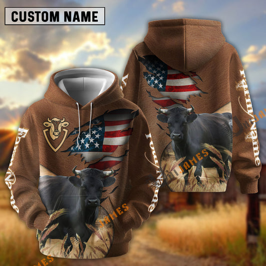 UniJames American Flag Leather Pattern Dexter Cattle Personalized Name And Farm Name 3D Hoodie