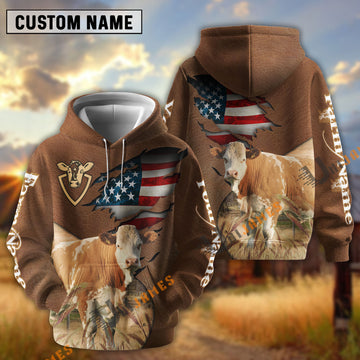 UniJames American Flag Leather Pattern Simmental Cattle Personalized Name And Farm Name 3D Hoodie