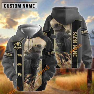 UniJames Black Gray Gold Line Pattern Black Angus Personalized Name And Farm Name 3D Hoodie