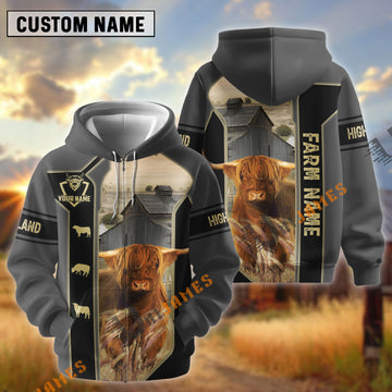 UniJames Black Gray Gold Line Pattern Highland Personalized Name And Farm Name 3D Hoodie