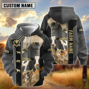 UniJames Black Gray Gold Line Pattern Holstein Personalized Name And Farm Name 3D Hoodie