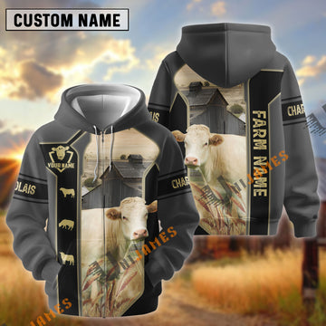 UniJames Black Gray Gold Line Pattern Charolais Personalized Name And Farm Name 3D Hoodie