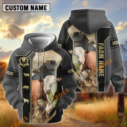 UniJames Black Gray Gold Line Pattern Hereford Personalized Name And Farm Name 3D Hoodie