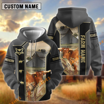 UniJames Black Gray Gold Line Pattern Texas Longhorn Personalized Name And Farm Name 3D Hoodie