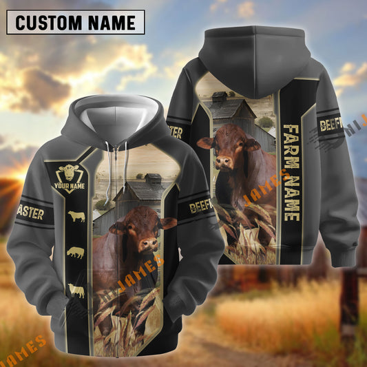 UniJames Black Gray Gold Line Pattern Beefmaster Personalized Name And Farm Name 3D Hoodie