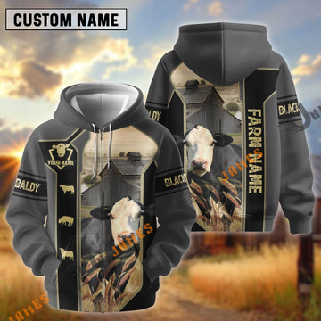 UniJames Black Gray Gold Line Pattern Black Baldy Personalized Name And Farm Name 3D Hoodie