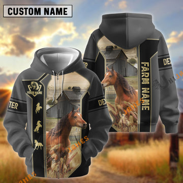 UniJames Black Gray Gold Line Pattern Horse Personalized Name And Farm Name 3D Hoodie