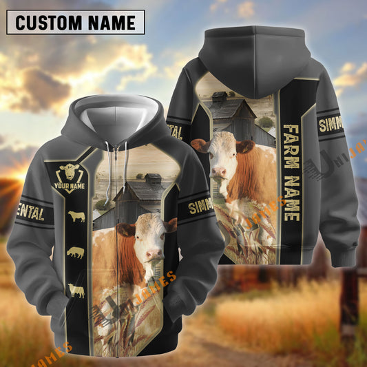 UniJames Black Gray Gold Line Pattern Simmental Personalized Name And Farm Name 3D Hoodie