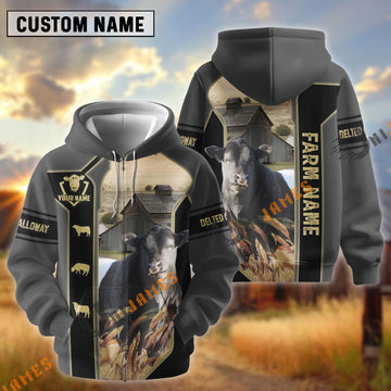 UniJames Black Gray Gold Line Pattern Belted Galloway Personalized Name And Farm Name 3D Hoodie