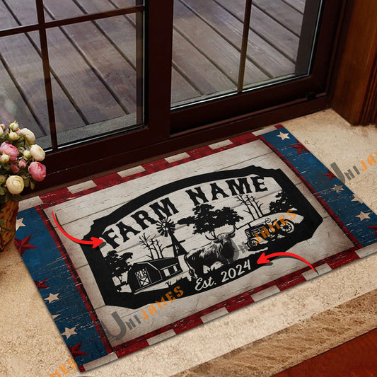 Uni Highland Cattle Red Blue Star Custom Farm Name And Year Doormat