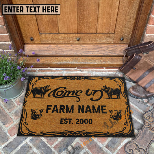 Uni Pig Funny Come In Go Away Custom Farm Name Custom Year Coir Doormat