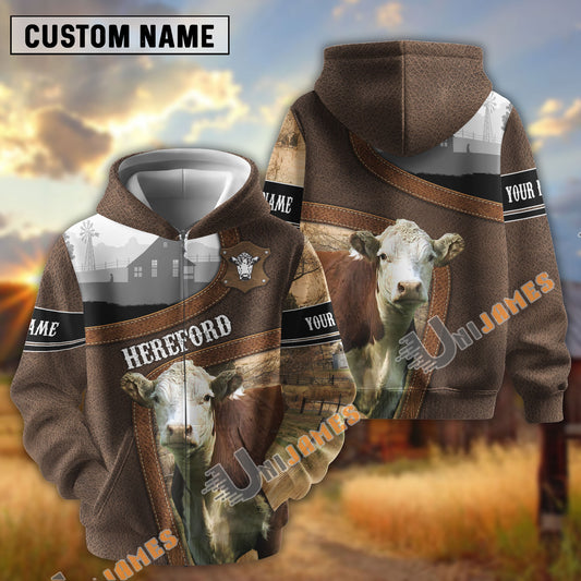 Uni Hereford Light Leather Pattern Personalized Name and Farm Name Color Mixed 3D Hoodie