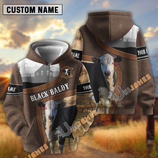 Uni Black Baldy Light Leather Pattern Personalized Name and Farm Name Color Mixed 3D Hoodie