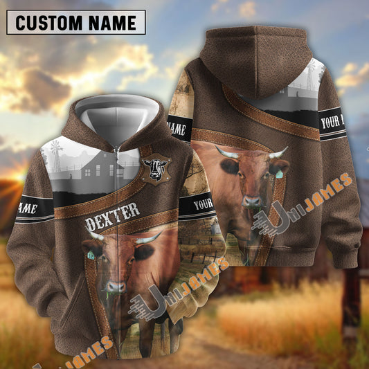 Uni Dexter Light Leather Pattern Personalized Name and Farm Name Color Mixed 3D Hoodie